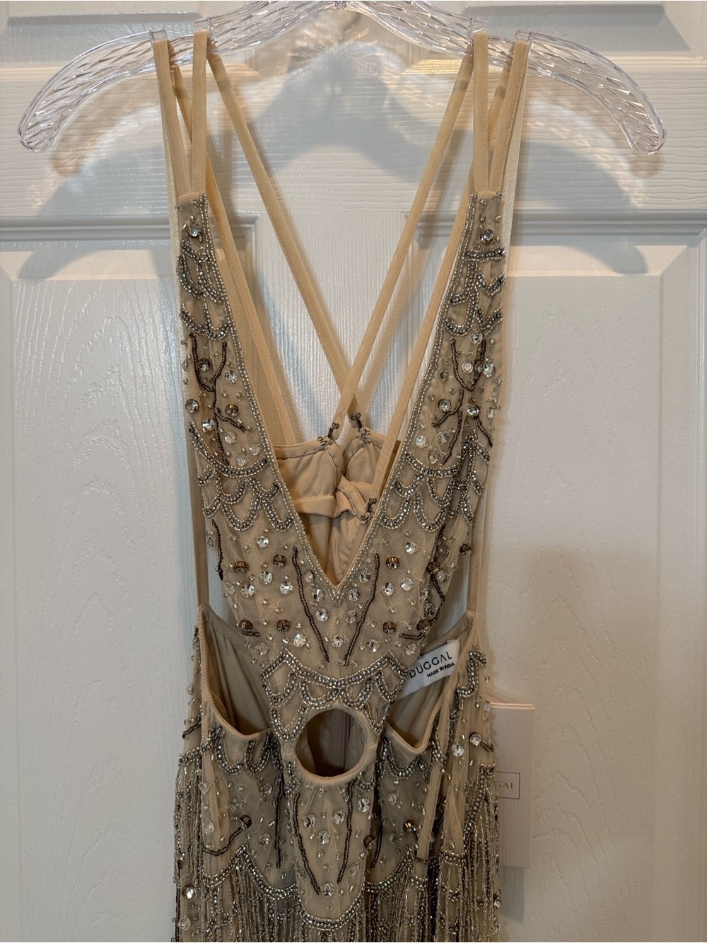Mac Duggal 93956 Nude Open Back Cut Out Fringe Embellished Gown Size 4 NWT - Picture 7 of 12